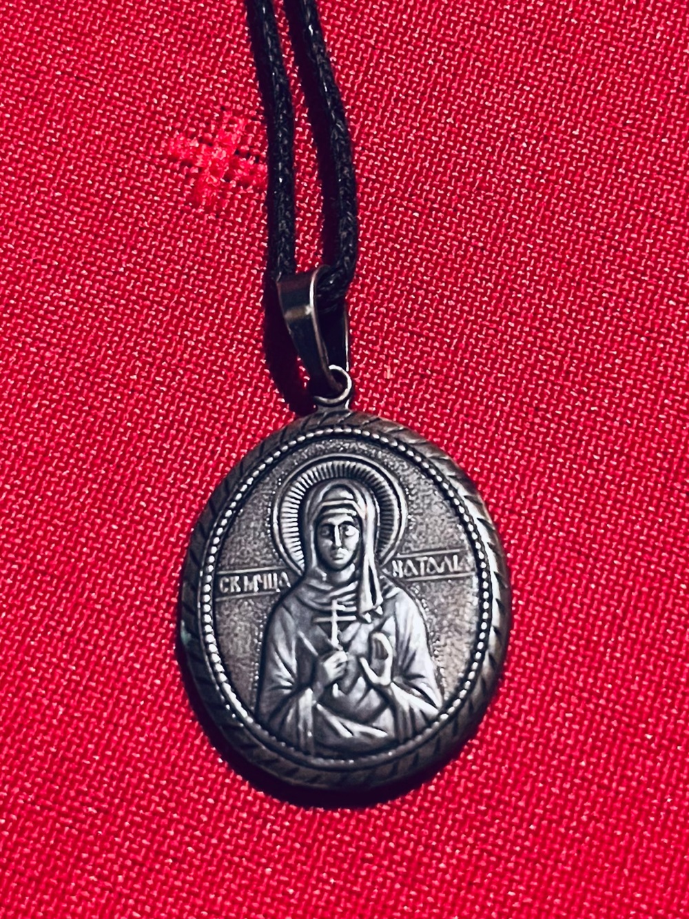 Vintage Religious Silver Pendant Necklace St Natalia